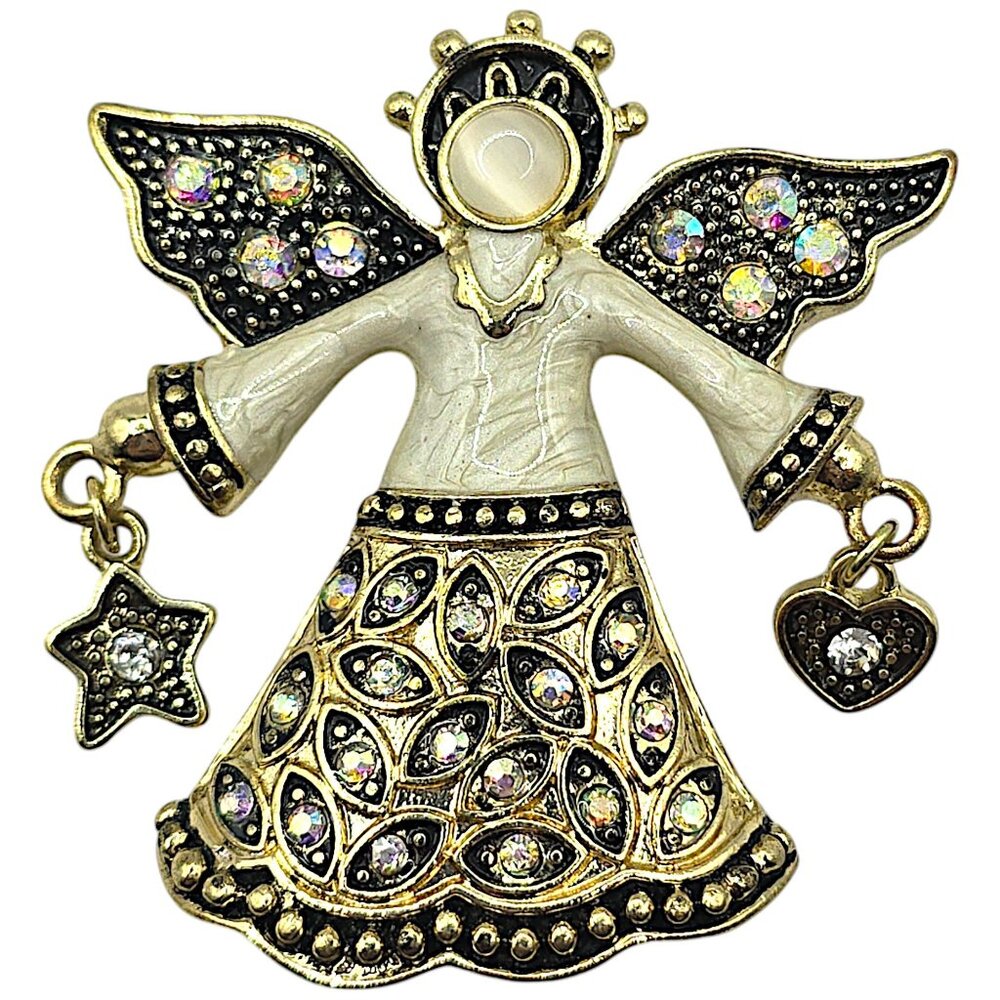 KC Kenneth Cole ANGEL Brooch Aurora Borealis Rhinestone Gold Tone 2" Vtg Signed